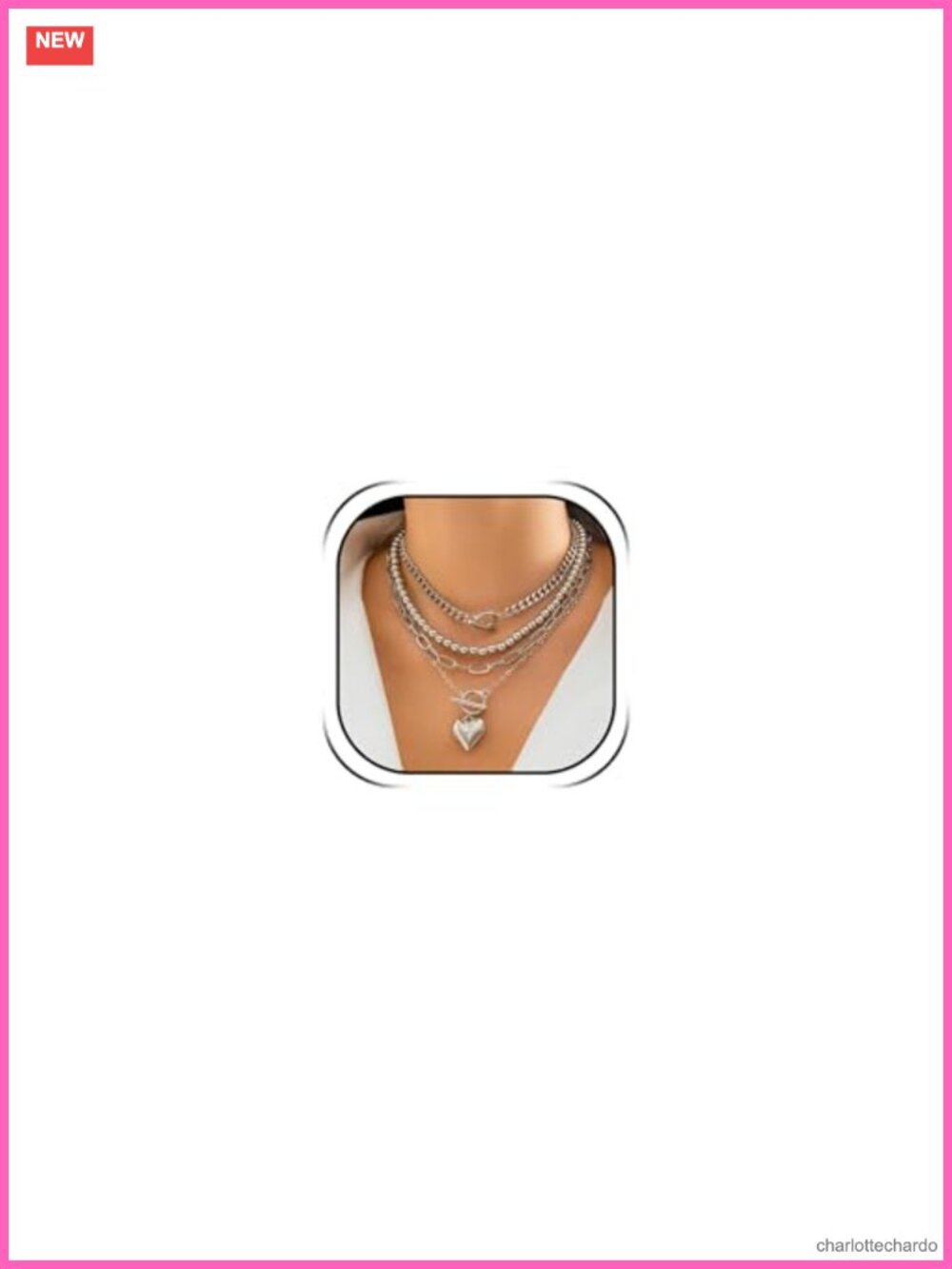 Silver Gold Stacked Heart Pendant Necklace Herringbone Chain Women Jewelry